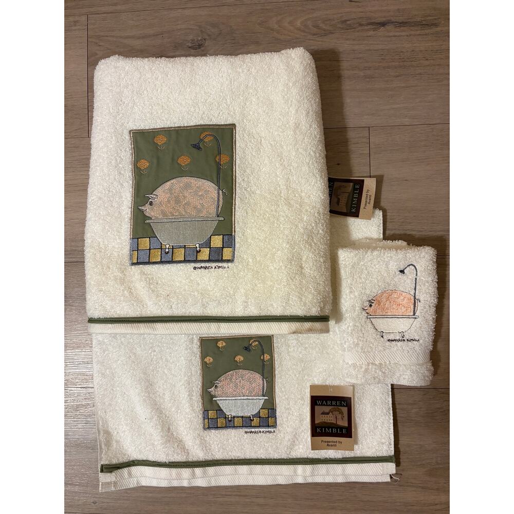 VTG Folk Art Towel Set Warren Kimble Hogwash Bath Hand Towel, Washcloth PLZ READ